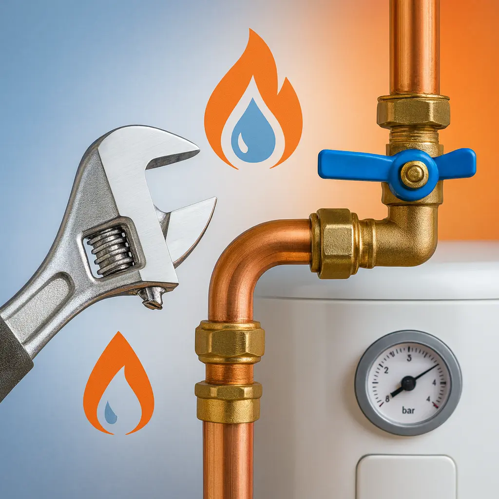 Professional plumbing and heating services with wrench, pipes, and boiler